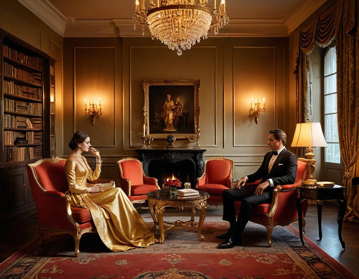 A luxurious setting showcasing an elegant couple engaged in a deep conversation, surrounded by opulent decor and books about relationships and education. Incorporate symbols of knowledge and love, such as a heart-shaped bookshelf and artistic representations of wisdom. The background should feature soft lighting with a touch of gold to convey sophistication. super-realistic. vibrant colors. opulent atmosphere.