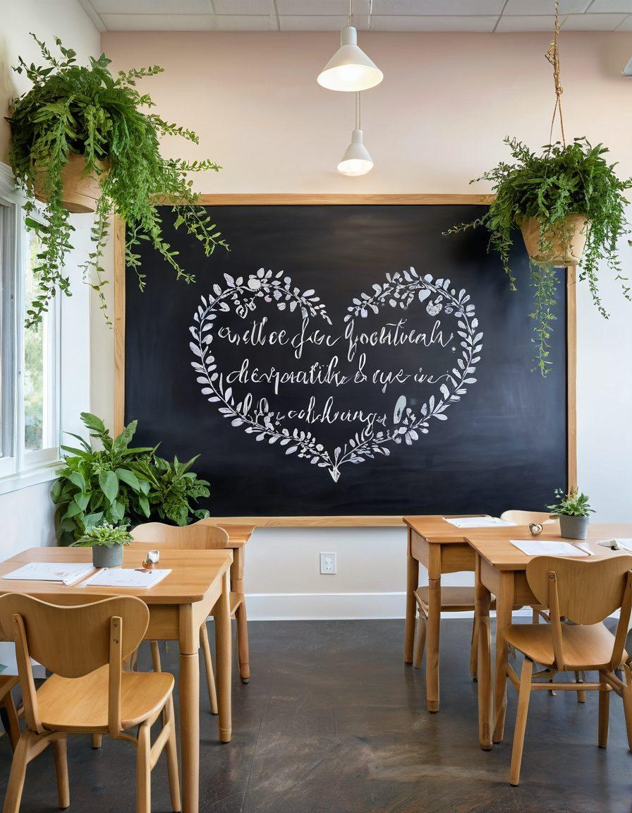 A serene classroom filled with plants and soft lighting, where couples are engaged in intimate conversations, writing notes to each other. The chalkboard in the background shows heart-themed illustrations and inspirational quotes about love and learning. Add soft pastel colors to create a warm and inviting ambiance. Illustrate a diverse group of students to promote inclusivity. romantic art style. soft hues.